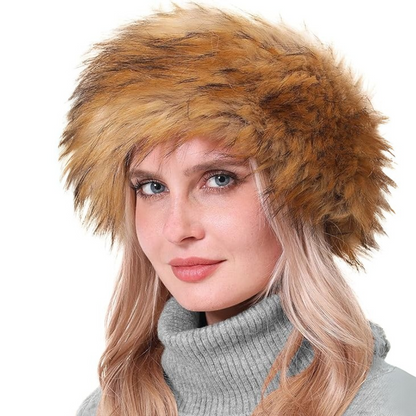 Elegant women's faux fur winter headband, providing both warmth and sophisticated style.