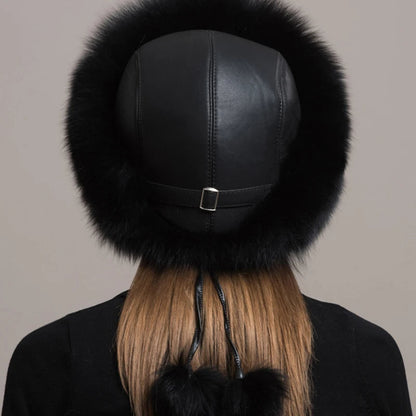 Cozy women's fox fur winter hat, a luxurious accessory for elegant cold weather fashion. Genuine fur.
