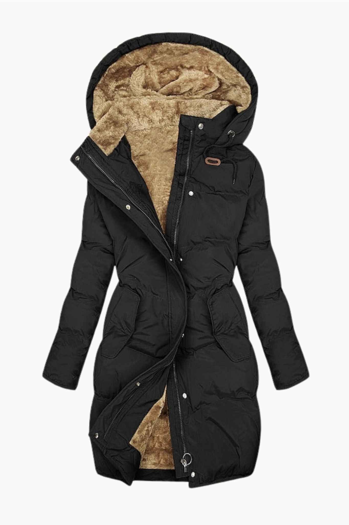 Luxurious women's insulated winter coat with a plush hood, perfect for stylish warmth in cold weather.