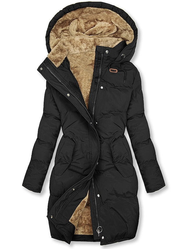 Chic women's long hooded winter coat, insulated for ultimate warmth & elegant cold weather outerwear.