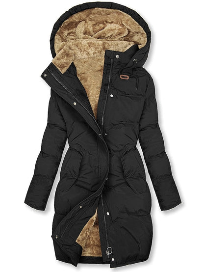 Chic women's long hooded winter coat, insulated for ultimate warmth & elegant cold weather outerwear.