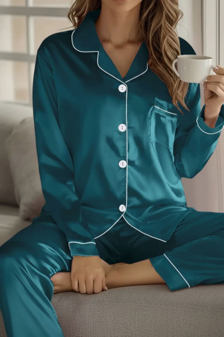 Luxurious women's lounge pajama set in soft fabric, perfect for effortless comfort & home wear.