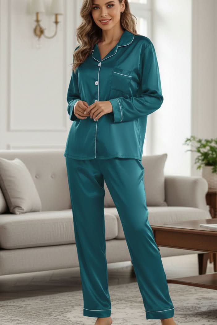 Comfortable women's two-piece pajama set, ideal for relaxing lounge wear & restful sleep.