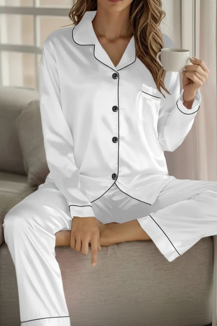Model wearing a comfortable women's lounge pajama set, showcasing the elegant two-piece sleepwear.
