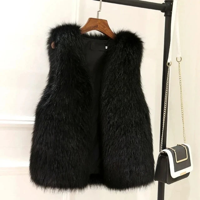 Elegant women's plush gilet, a cozy sleeveless jacket for luxury fall & winter fashion layering.