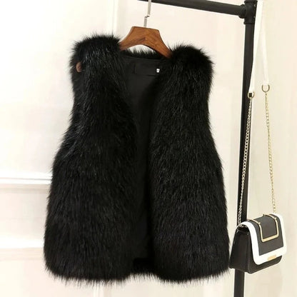 Elegant women's plush gilet, a cozy sleeveless jacket for luxury fall & winter fashion layering.