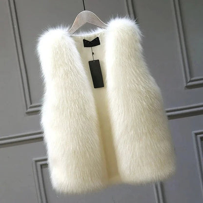Warm women's plush vest, elegant sleeveless jacket perfect for luxurious layering in fall & winter.