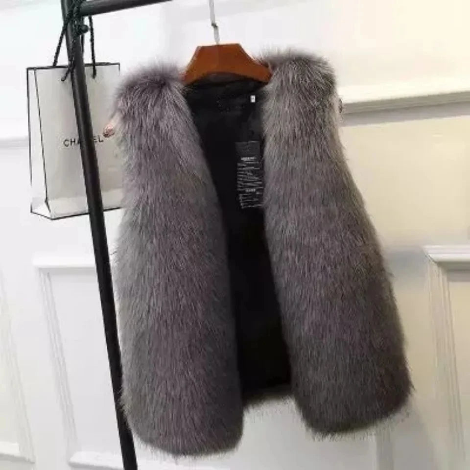 Soft women's plush vest, a versatile sleeveless jacket for elegant layering and luxury winter style.