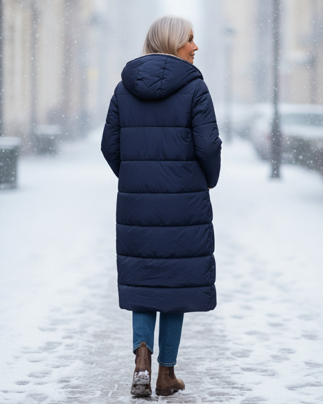 Elegant long women's winter coat, plush and warm for luxurious cold style.