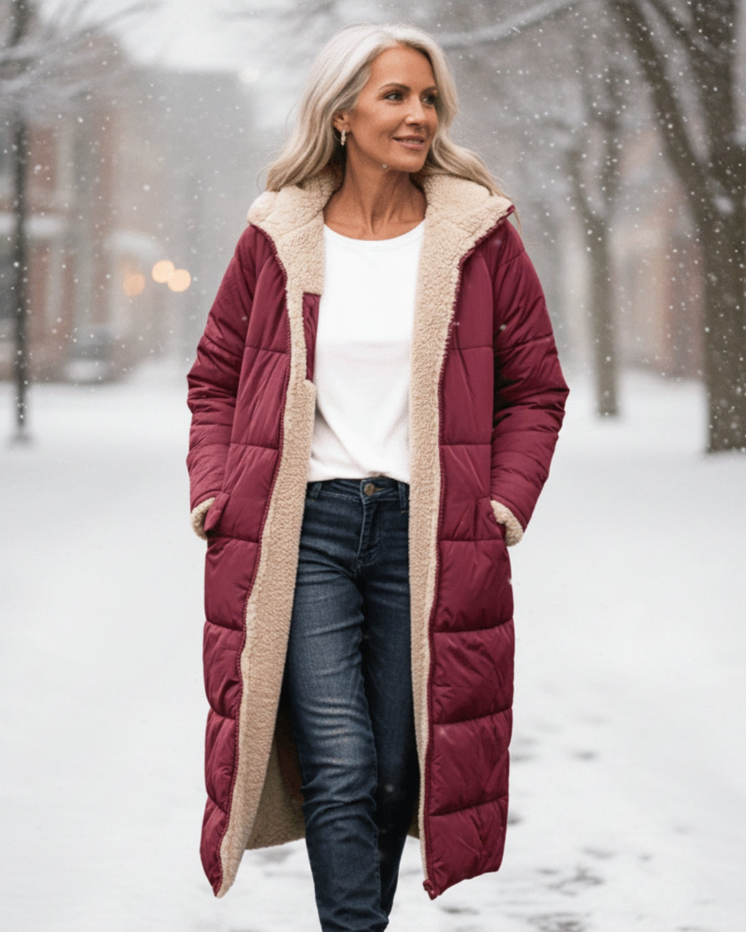 Warm women's winter coat, fashion-forward design for cold weather elegance.