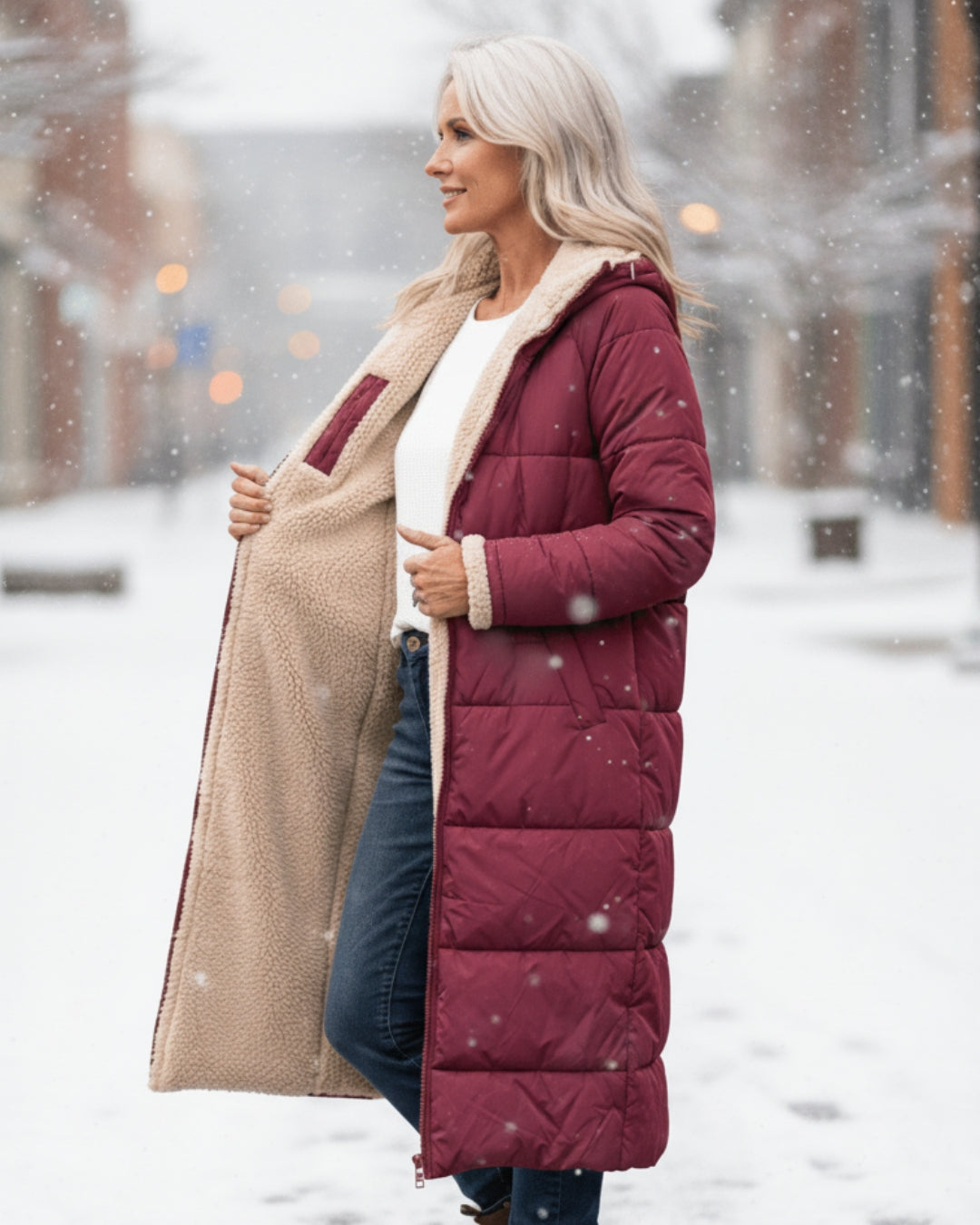 Luxurious women's long winter coat, cozy and stylish outerwear for cold.