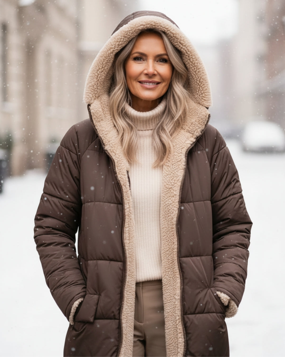 Elegant long winter coat for women, warm and fashionable cold weather jacket.