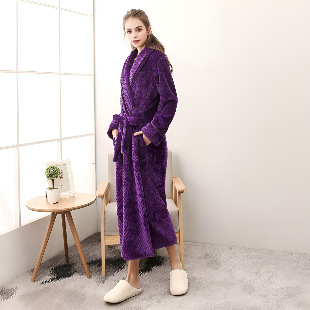 Plush hooded bathrobe for women, ideal for post-spa relaxation, home wear, or cozy winter evenings. Soft comfort.