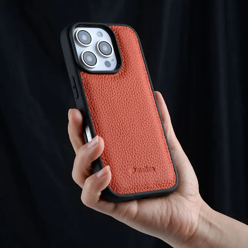 Genuine Italian leather iPhone 14 case, slim fit, shock-absorbing luxury phone protection. Also fits 15/16.