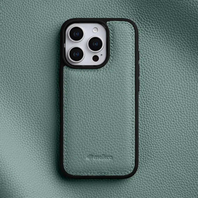 Back view of a genuine Italian leather iPhone 15 case, slim design, camera protection. Luxury accessory.