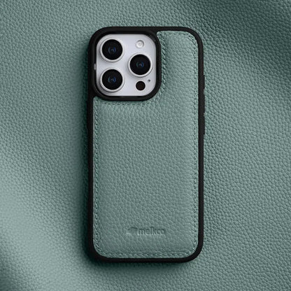 Back view of a genuine Italian leather iPhone 15 case, slim design, camera protection. Luxury accessory.