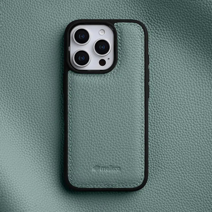 Back view of a genuine Italian leather iPhone 15 case, slim design, camera protection. Luxury accessory.