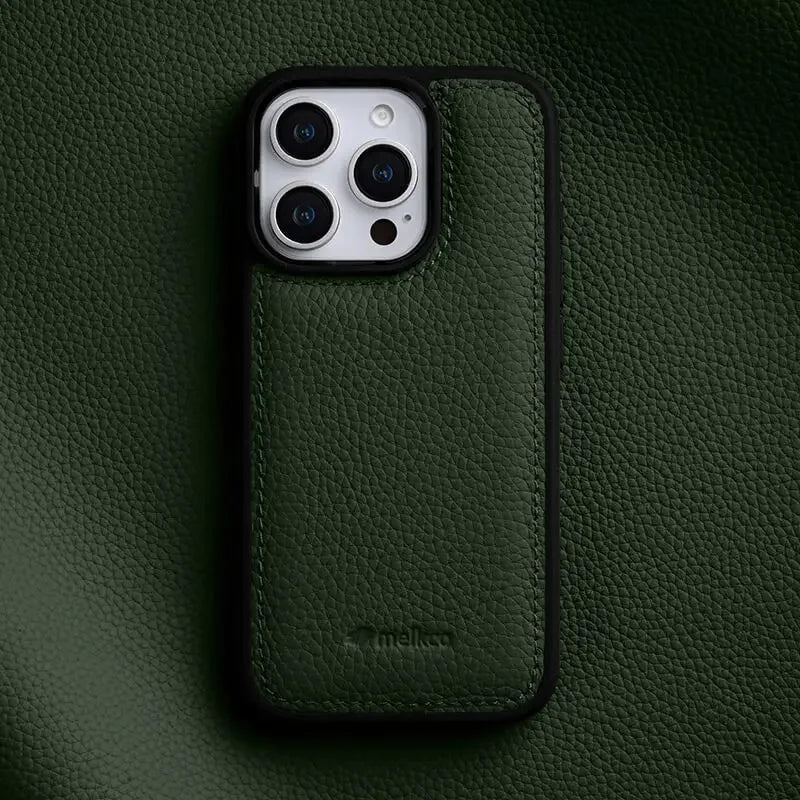 Durable luxury genuine Italian leather iPhone 16 case, slim profile, shock-absorbing phone protection accessory.