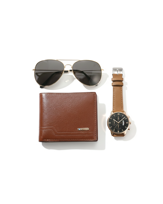 Luxury men's 3-piece gift set with quartz watch, leather wallet & aviator sunglasses. Perfect style accessories.