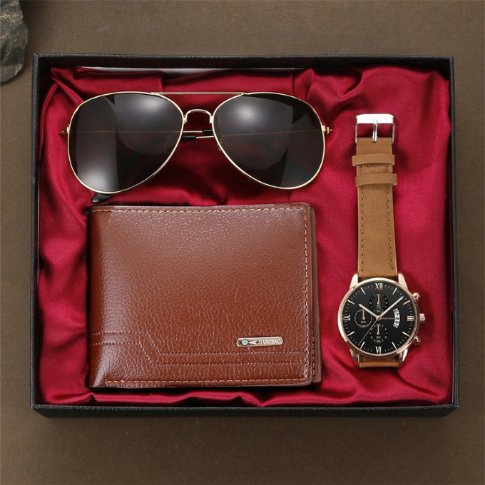 Elegant men's quartz watch from a luxury 3-piece accessory gift set, featuring a stylish dial.