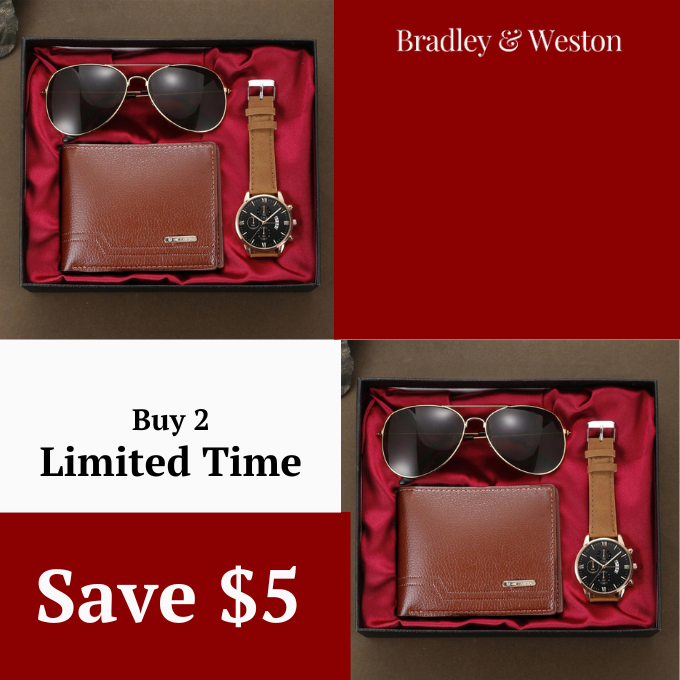 Sophisticated men's gift set featuring a leather wallet, quartz watch, and aviator sunglasses for luxury style.