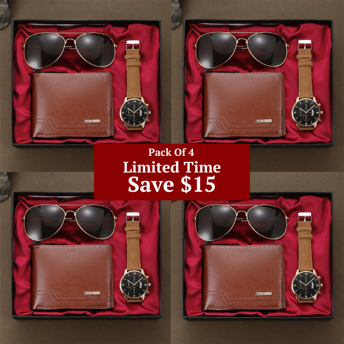 Complete men's style set: a luxury quartz watch, leather wallet & aviator sunglasses. Ideal gift for him.