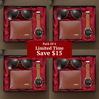 Complete men's style set: a luxury quartz watch, leather wallet & aviator sunglasses. Ideal gift for him.