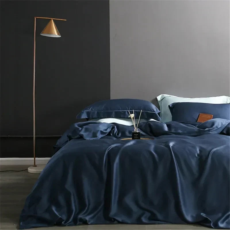 Luxury natural silk duvet cover enhances bedroom decor. Soft, elegant bed linen for home comfort.