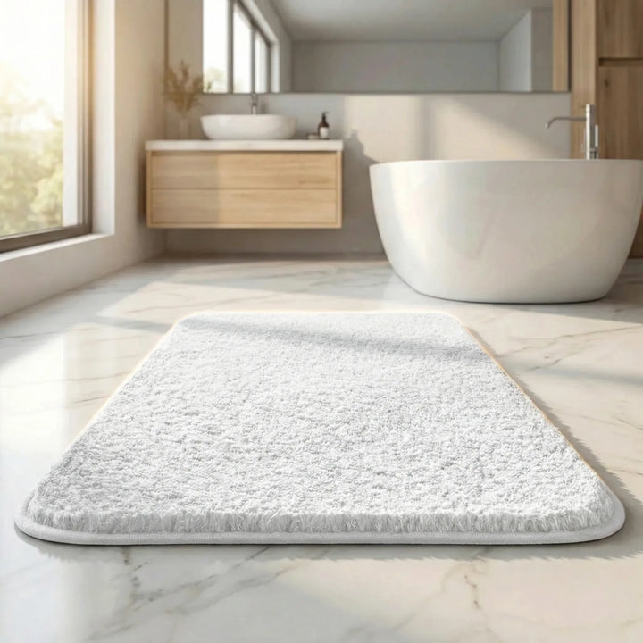 Plush Flowique bath mat, extra thick for ultimate comfort. Features a soft wave pattern & non-slip backing.