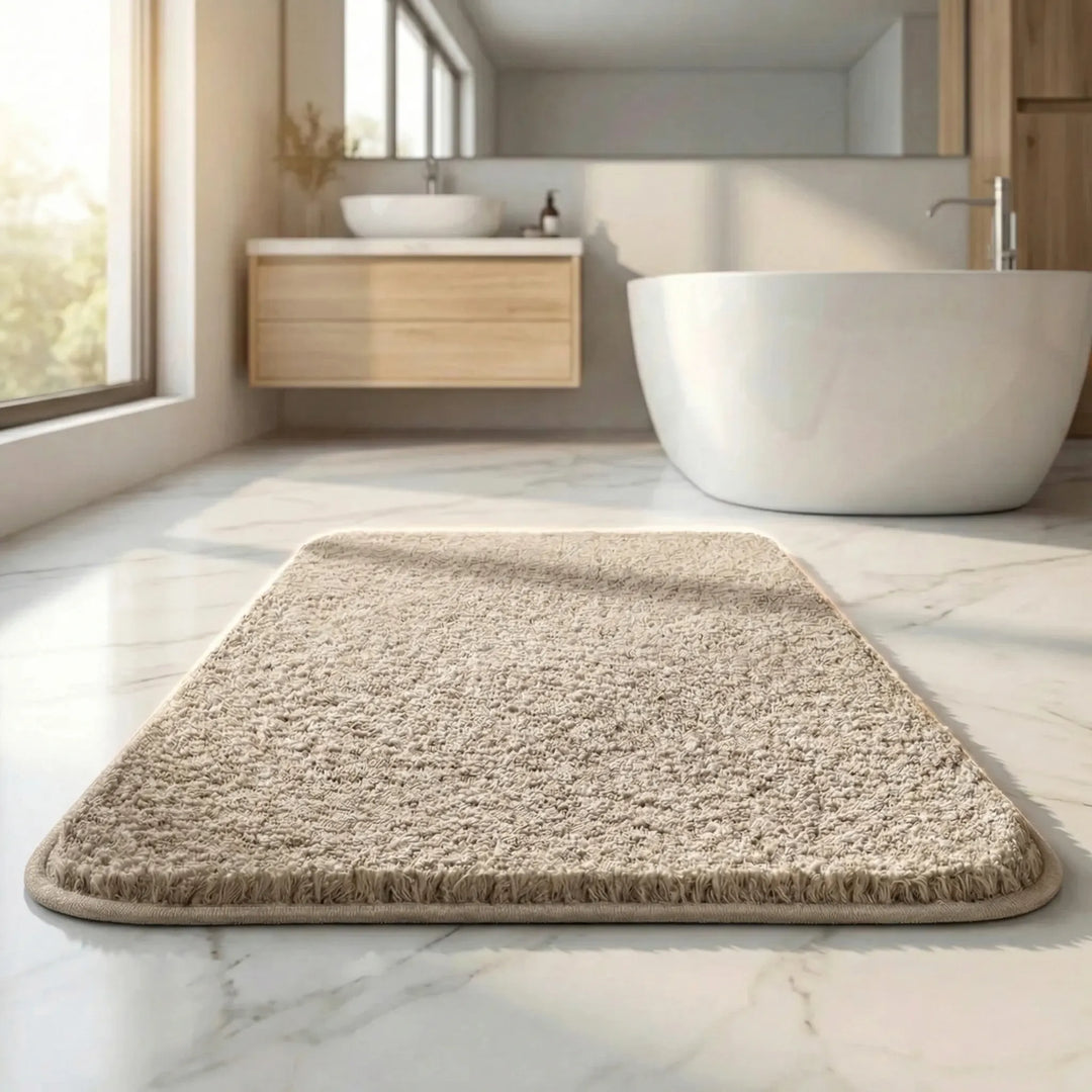Premium Flowique bath mat, soft and thick, ensuring ultimate comfort. Non-slip, absorbent, and easy to wash.