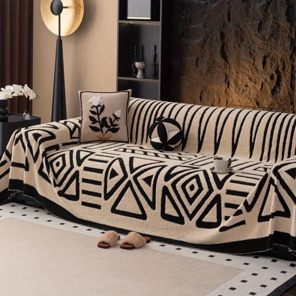 Luxury Urban Maze jacquard sofa cover, pet-friendly furniture protector for modern living rooms.