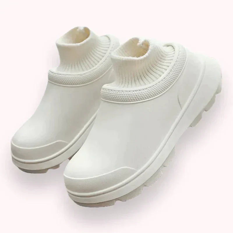Madeline women's slip-on clogs with knit ankle cuff, comfortable & waterproof for everyday wear.