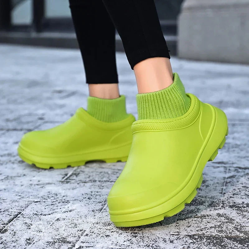 Madeline waterproof clogs for women, easy slip-on style with a cozy and supportive knit ankle cuff.