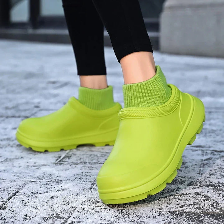 Madeline waterproof clogs for women, easy slip-on style with a cozy and supportive knit ankle cuff.
