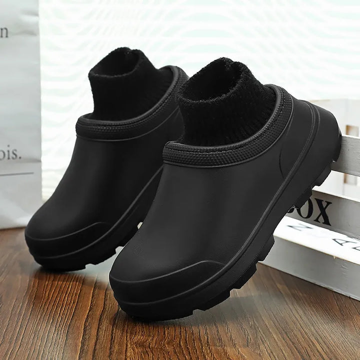 Madeline women's clogs with knit ankle cuff, offering slip-on ease and waterproof comfort for daily activities.