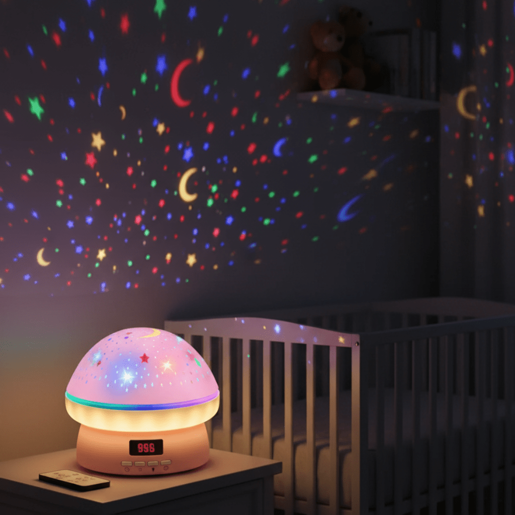Magical mushroom star projector night light for kids' rooms, projecting 16 colorful stars onto walls & ceiling.