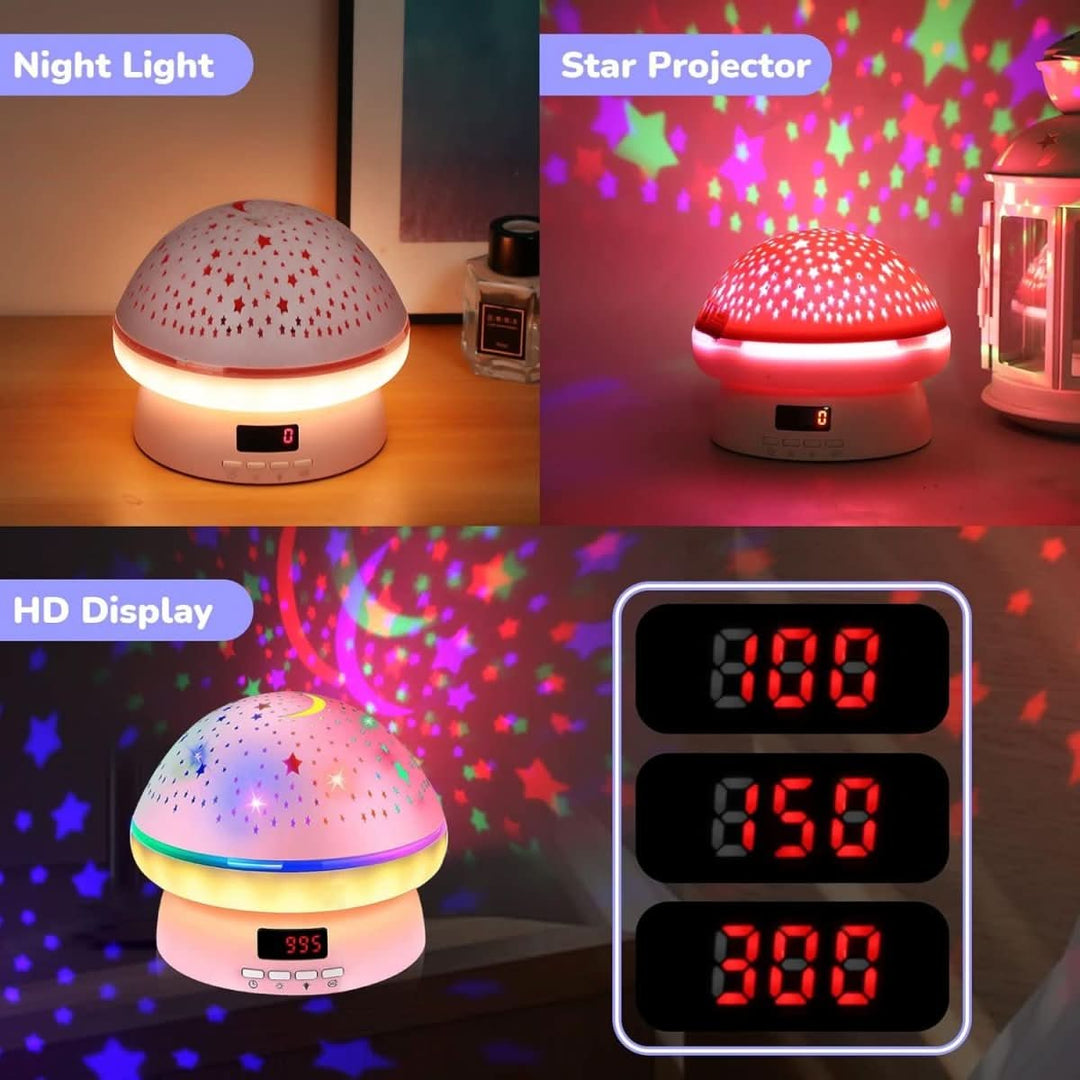 Kids' magical mushroom star projector night light, casting 16 vibrant colors, ideal for a baby's nursery or playroom.