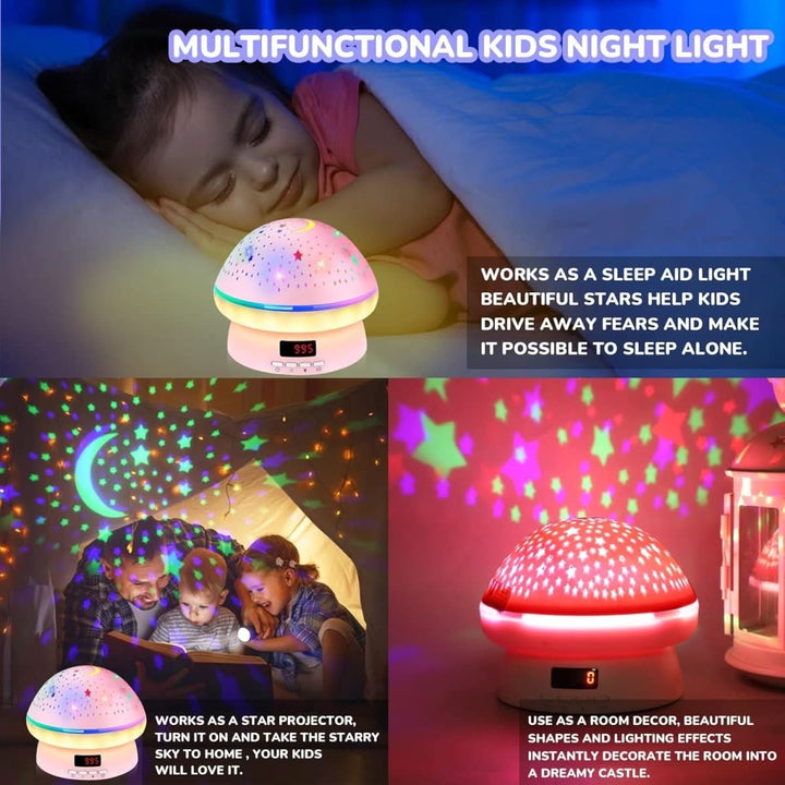 Star projector night light in a mushroom design, casting beautiful 16-color stars, perfect lighting for kids' bedrooms.