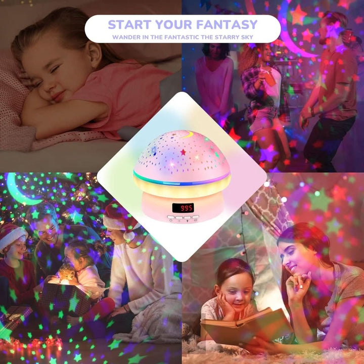 A delightful 16-color mushroom star projector night light, providing gentle light and star projections for kids' sleep.