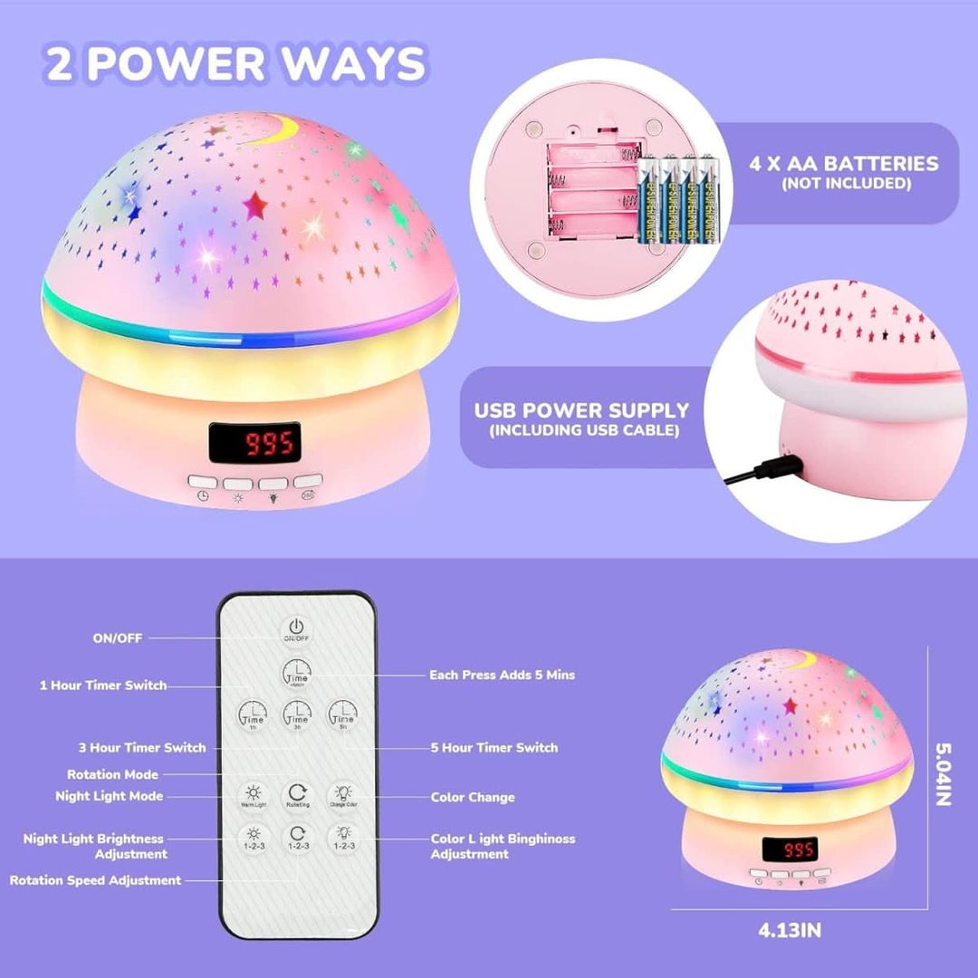Colorful 16-color star projector night light shaped like a mushroom, perfect for kids' bedroom decor and ambiance.