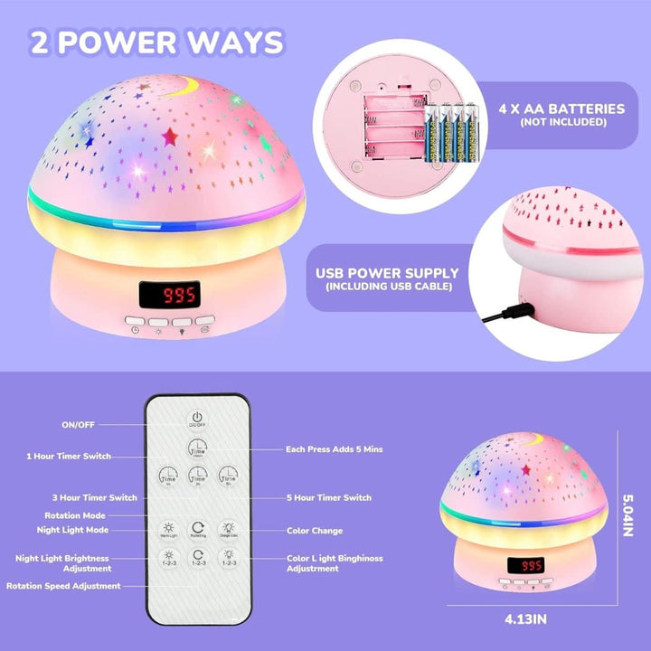 Colorful 16-color star projector night light shaped like a mushroom, perfect for kids' bedroom decor and ambiance.