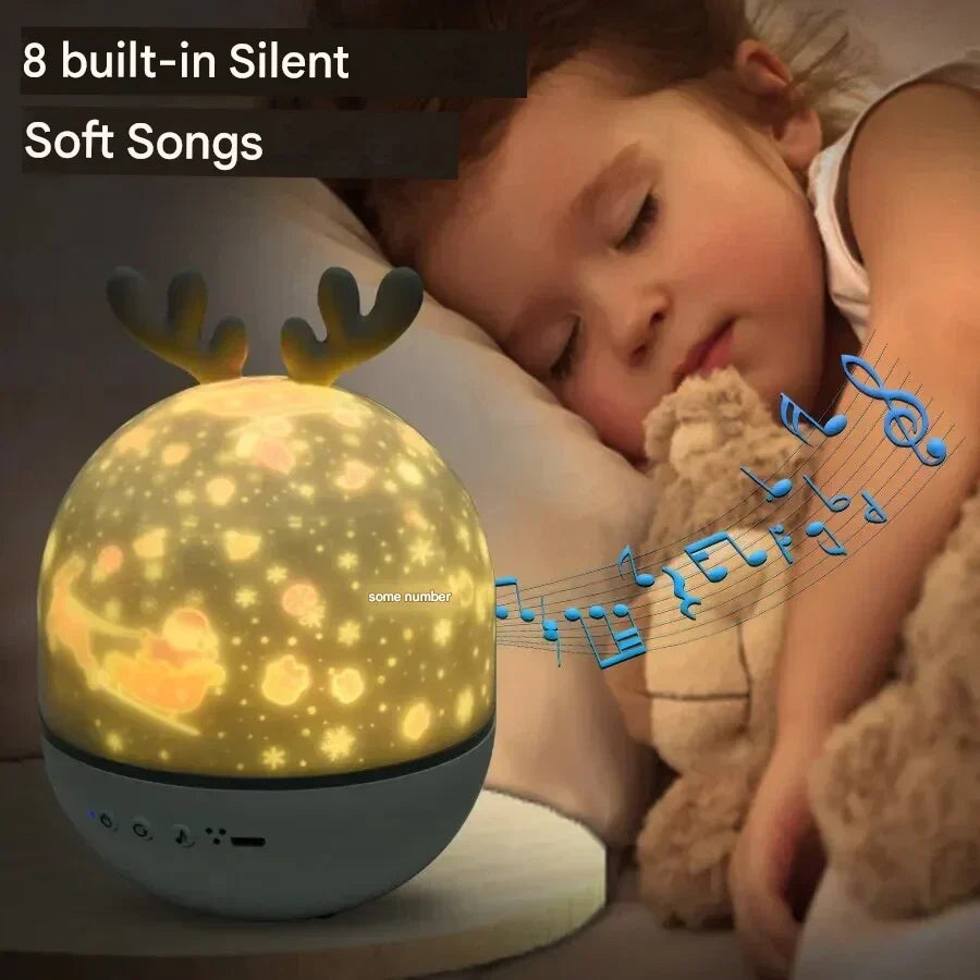 Nursery star projector night light, casting a magical starry sky, perfect for a calm children's bedroom ambiance.