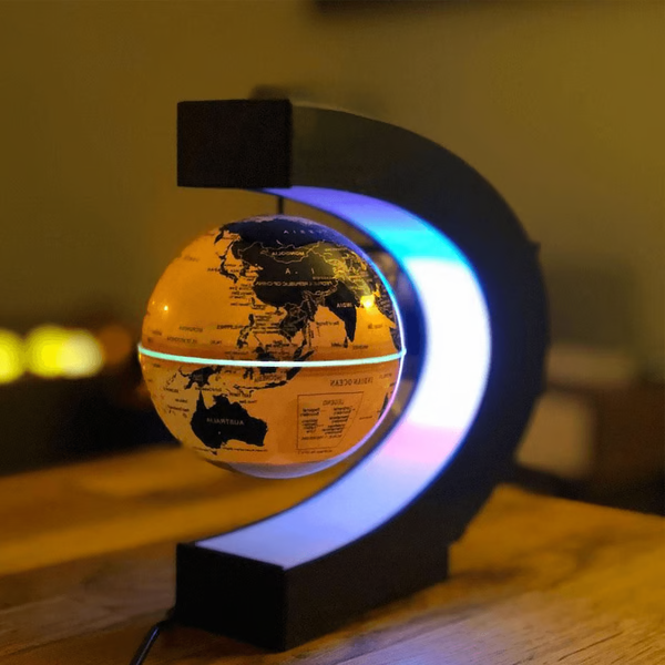 Blue magnetic floating globe with vibrant LED lights, showcasing levitation technology for unique desk decor.