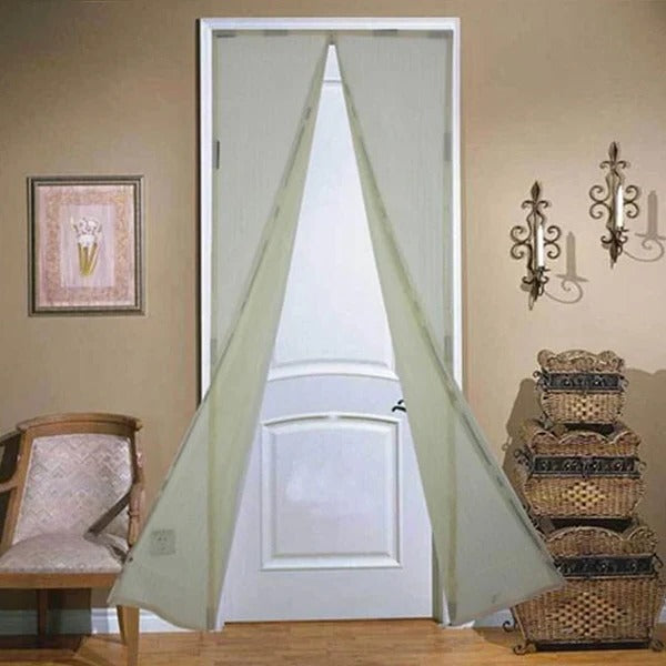 Clear view through a magnetic mesh screen door, allowing fresh air and preventing insects from entering.