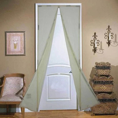 Clear view through a magnetic mesh screen door, allowing fresh air and preventing insects from entering.