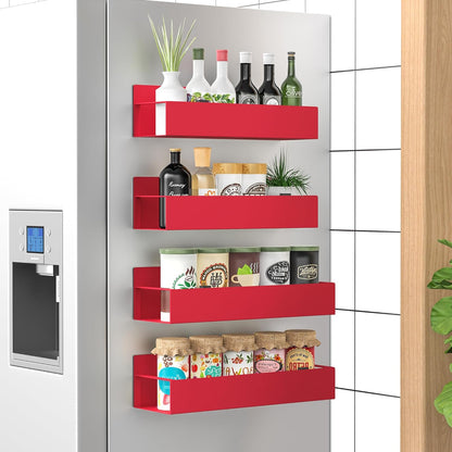 Magnetic spice rack set (4 pack) for kitchen organization on refrigerator.
