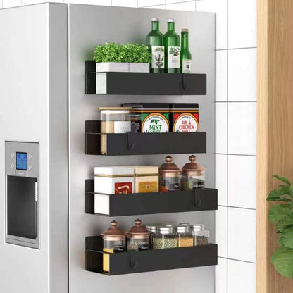 Black powder-coated magnetic spice rack set (4) for stylish kitchen organization & spice storage.