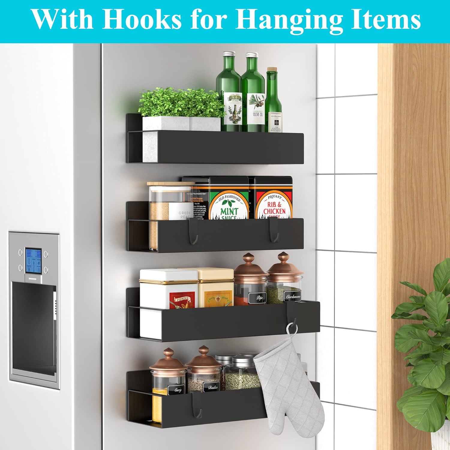 Versatile 4-pack magnetic spice shelves for kitchen organization, improving home storage.