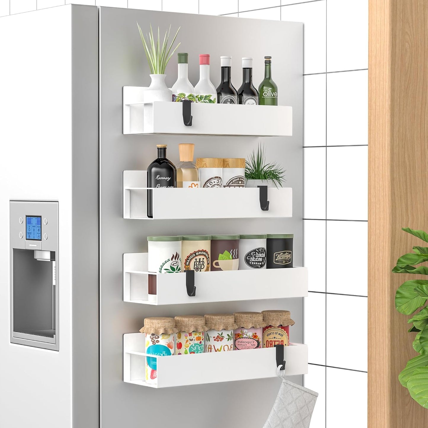Space-saving magnetic spice racks (4) for refrigerator storage & neat kitchen decor.