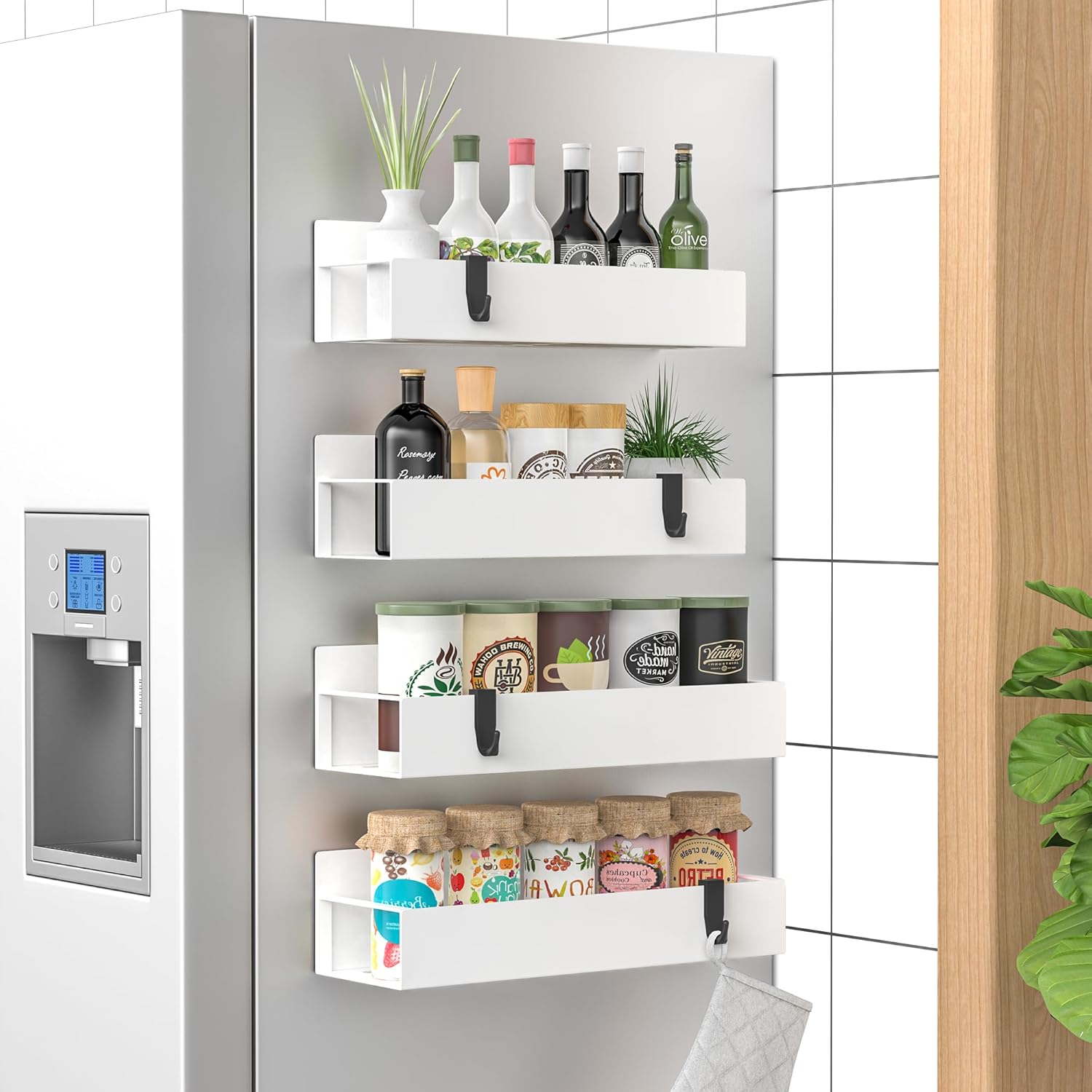 Space-saving magnetic spice racks (4) for refrigerator storage & neat kitchen decor.
